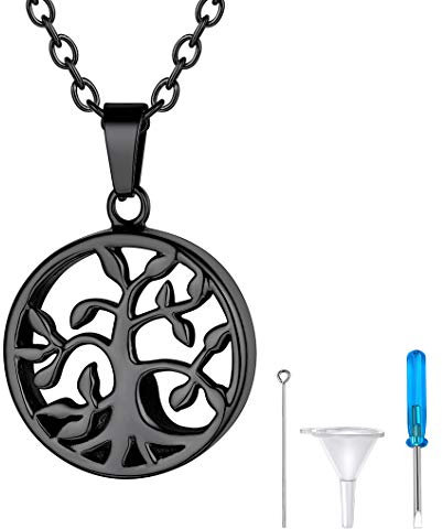 Richsteel Collana Urna Collana Personalizzata con Nome Inciso Albero della Vita Nero Placcato Antiallergico Cremazione Commemorativa Ricordo con Piccolo Imbuto