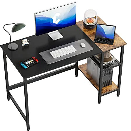 CubiCubi Schreibtisch, Computertisch mit 2 Ablagen auf der rechten oder linken Seite, 120 x 60 cm PC Tisch, Bürotisch fürs Büro Wohnzimmer, Stabil Stahlgestell Industrie-Design, Schwarz&Vintagebraun