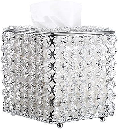 Sumnacon Quadratische Taschentuchbox-Abdeckung aus Kristall, dekorativer Taschentuch-Box, funkelnder Würfel-Tuchhalter für Schlafzimmer, Badezimmer, Kommode, Nachttisch, Heimdekoration, Silber