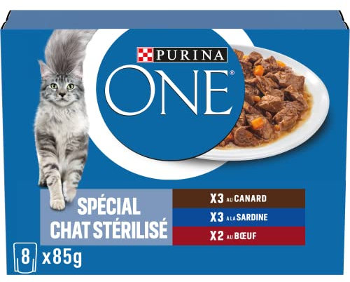 PURINA ONE | BIFENSIS | sterilisierte ausgewachsene Katze | unterstützt die Vitalität der Katze, Knochen, Muskeln, Gelenke | in Sauce | Ente, Sardine, Rind, Frischebeutel | 10 Stück (8 x 85g)
