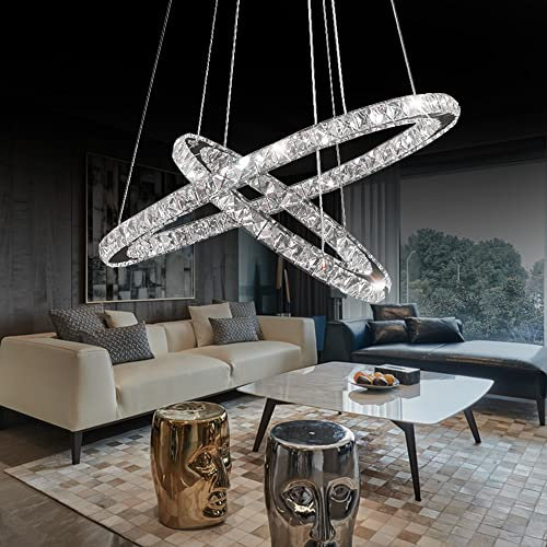 YRHome 48W LED Kristall Design Hängelampe Deckenlampe Höhenverstellbar Kronleuchter Pendelleuchte Kaltweiß Zwei Ringe Für Esszimmer Wohnzimmer Moderne