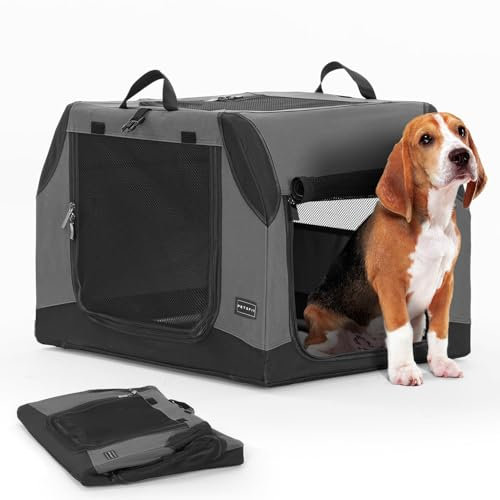 PETSFIT Hundebox Auto & für Zuhause, Hundebox faltbar Kofferraum/Rückbank, Verstellbarer Bezug & verstärktes Netz, Hundetransportbox Auto mit Abschließbarer Reißverschluss, Braun, M