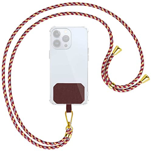 mtb more energy® Cadena universal para teléfono móvil – rojo y amarillo a rayas – partes metálicas color oro – compatible con muchas fundas para teléfono móvil – Cuerda de cuerda para colgar