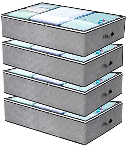 ASelected 90L Underbed Storage Bags, 4 Pack Under Bed Storage Box with Reinforced Handles and Zip, Large Clothes Storage Bag with Clear Window, Clothes Storage Boxes for Quilts, Blankets & Clothes
