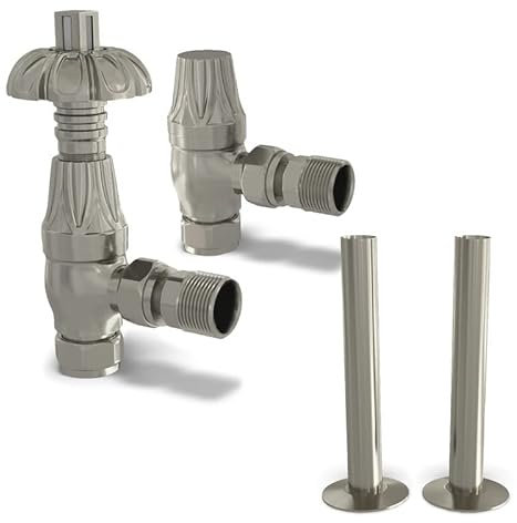 UK Radiators Silver Nickel Thermostatic Radiator Valves and Angled Lockshield Valve - Brushed Silver Nickel Finish - Traditional Design 1/2 x 15mm Metal Head Radiator Valves with 130mm Pipe Covers