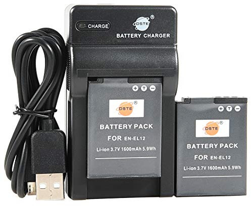 DSTE EN-EL12 Lot de 2 batteries Li-ion et chargeur micro USB compatibles pour appareils photo Nikon KeyMission 360, KeyMission170, Coolpix AW100, AW100S, AW130