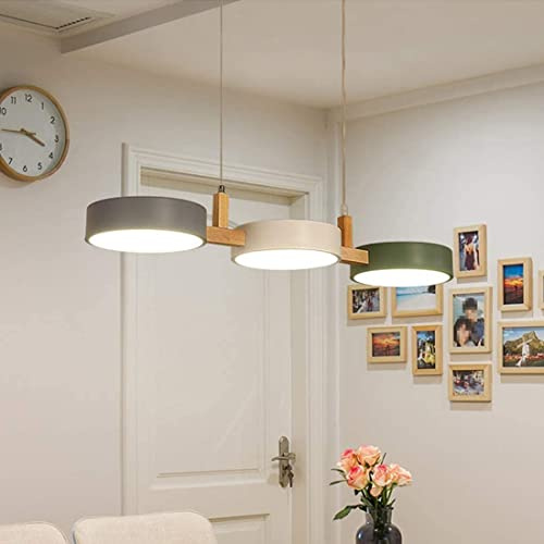 Holz LED Pendelleuchte Esszimmerlampe Warmweißes Licht Weiß/Grün/Grau Deko Metall Decke Wohnzimmerlampe Hängelampe Modern Runde Rechteckig Kronleuchter für Büro Küche Esstisch Bar Beleuchtung, D74cm