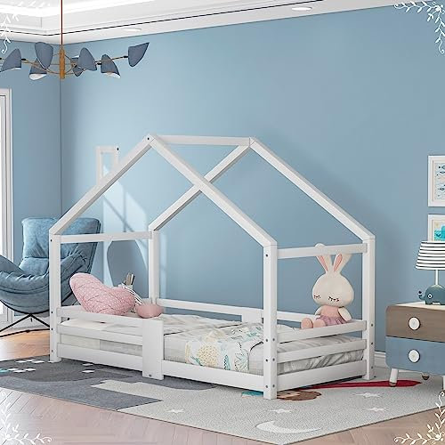 Daesar Kinderbett Mädchen 90x200, Hausbett mit Rausfallschutz, Bettgestell mit Lattenrost, Modern Bett ohne Matratze für Kinder Weiß