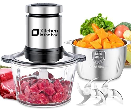 Kitchen in the box Food Processors,Small Meat Grinder & Food Chopper Electric Vegetable Chopper with 2 Bowls (8 Cup+8 Cup)& 2 Bi-Level Blades for Meat/fish/Vegetable/Baby Food (Black,8cup+8cup)