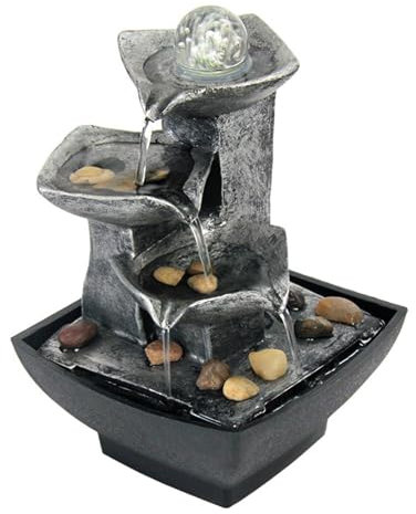 Tuzsocr Zimmerbrunnen, Wasserfall, Tischbrunnen mit rollender Kugel, 3 Ebenen für Ornament, Brunnen, Wasserspiel aus Metall mit Pumpe, entspannendes Zen, farbiges LED-Licht, für Büro, Wohnzimmer (Stil