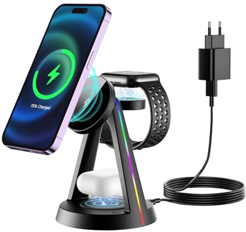 3 in 1 Mag-safe Wireless Charging Station for Apple Devices, 18W Fast Magnetic Charger Stand with Lights for iPhone 16 15 14 13 12 Pro/Max/Plus, Apple Watch 10/9/8/7/6/5/4/3/2/SE/Ultra,AirPods 3/2/Pro