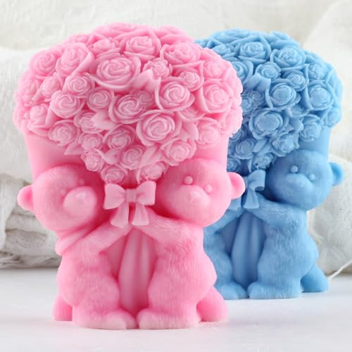 XIAOSHUI Stampo per candele a forma di orsetto di rosa, stampo in silicone 3D per realizzare candele, resina, aromaterapia, cera, gesso