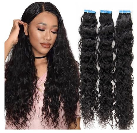 Tape Extension Echthaar Natürliches schwarzes Wasserwellen-Tape in Haarverlängerungen, Nagelhaut, Remy-Menschenhaar, lockiges Haut-Tressen-Tape auf Haarteilen Remy Tape in Extensions(18inch)
