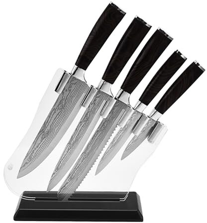 Damascus Knife Set -5 Piece Kitchen Knife Set, Stainless Steel Knivese with Chef, Bread Knife,Peeler,for Cutting Meat/Vegetables/Fruit...