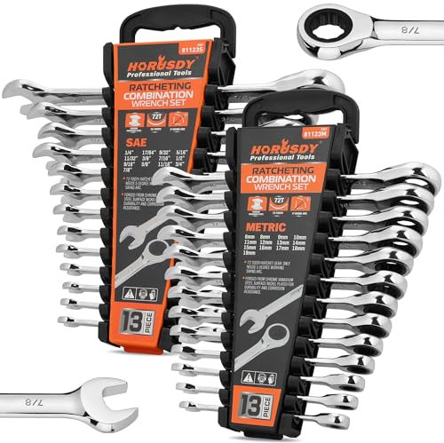 HORUSDY 26-Piece Ratcheting Wrench Set | Metric and SAE (6-19 mm & 1/4” to 3/4“) | Ratchet Combination Wrenches Set with Organizer | 72-Tooth | Chrome Vanadium Steel