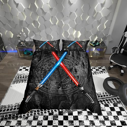feelingyou Light Up Sword Double Size 3D Neon Blue Red Bedding Set 3Pcs Geometric Sun Moon Round Quilt Cover for Kids Boys Girls Teens Room Decor Fashion Vintage Stone Wall Duvet Cover,Black