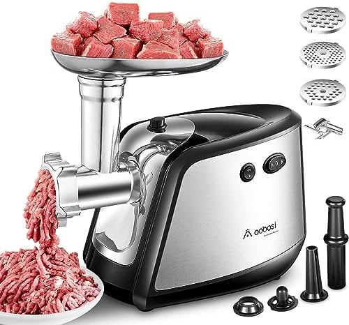Aobosi Picadora de Carne Eléctrica, 1200W Max, 3 in 1 Salchicha y Máquina Picadora Carne con 3 Placas de Molienda,Embutidora de Salchichas, Función inversa, Motor de cobre, Acero Inoxidable Cuerpo