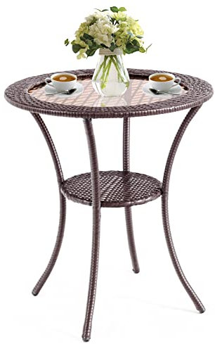 COSTWAY Gartentisch Rattan, 64x64x72cm, Bistrotisch mit Glasplatte und Ablage, runder Terrassentisch, Balkontisch wetterfest, Outdoor-Esstisch für Balkon, Terrasse, Garten