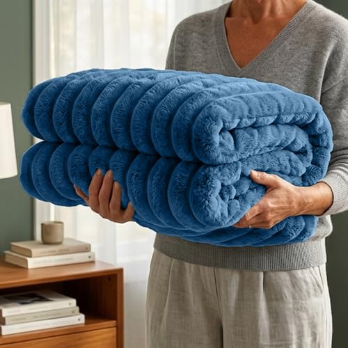 Casabella Throw Blanket - Ribbed Fleece Blanket - Soft Fluffy, Warm & Cosy Sofa Throw - Large Fleece Blanket for Sofa Bed, Couch, Bedding - King Size 200x240 - Navy