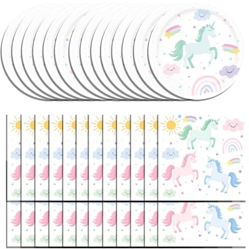 WangVipfei 40 Stück Einhorn Servietten und 16 Pappteller,Einhorn Geburtstag, Einhorn Deko Kindergeburtstag, Einhorn Party Deko, Partygeschirr Kindergeburtstag, Einhorn Teller Kindergeburtstag