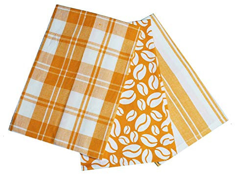 Prime Homewares Orange Bean Design Pot Holder, Double Oven Glove, Tea Towels, Apron Orange Bean Design (Set of 3 Tea Towels)