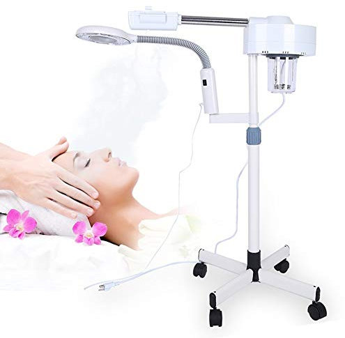 2 in 1 Vapore facciale 5 x lampada di ingrandimento estetica a piedi, macchina a vapore per sauna del viso con 5 x lente di ingrandimento LED per la cura del viso, salone di bellezza