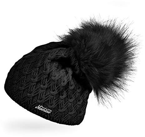 Neverless® Damen Strick-Mütze gefüttert Fell-Bommel Kunstfell Winter-Mütze Bommelmütze schwarz Unisize
