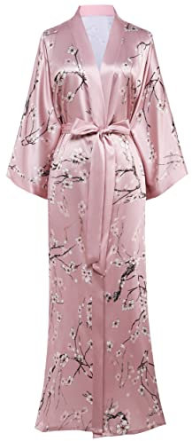Coucoland Robe de chambre longue en satin pour femme Kimono Motif à fleurs Peignoir long Imprimé pour femme Fleurs Manteau de nuit pour fille Pajama Party (Style-1-Rose)