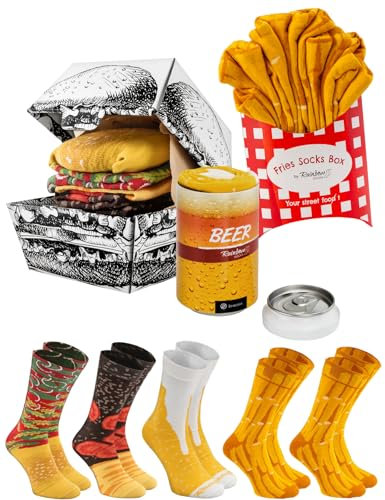 Rainbow Socks - Damen Herren Lustige Meal Socks Box Geschenk - 5 Paar - Pommes Frites Burger Bier - Größen 36-40
