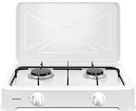 INFINITON | Cocina de Gas Portatil GGP-W2 | 50cm de Ancho | Hornillo a Gas | Quemadores desmontables | 2 Fuegos | Portatil | Apoyo antideslizante | Color Blanco