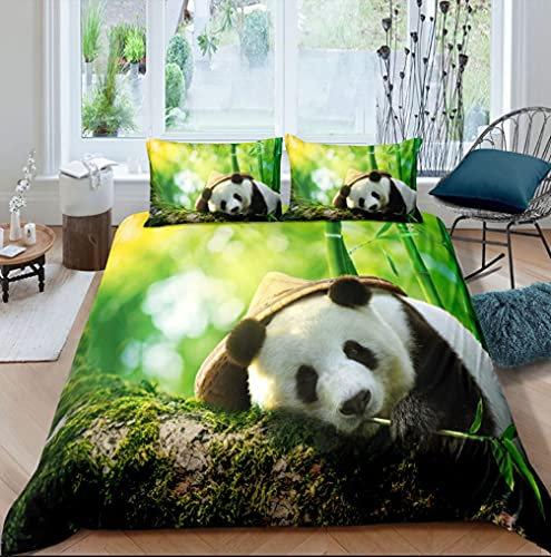 Niedliche Cartoons 3D Panda Bär Bambus Blumen Muster Bettwäsche Set 2/3 Stück Wildlife Animal Reißverschluss Decor Bettbezug für Erwachsene Kinder Bettwäsche Kissenbezüge (Grün, 135 x 200 cm)