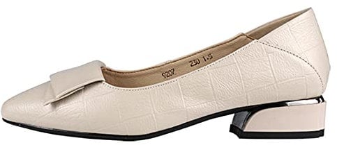 Jamron Womens Pointed Toe Block Heel Checkered Leather Pumps Shoes Soft Sole Ballerinas Beige SN602C046 UK5