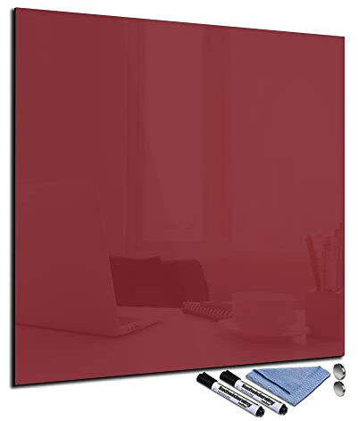 Glas-Magnettafel 80x80 cm Whiteboard Wand Beschreibbar Quadratisch Magnetisch Küche Office Büro mit Zubehör Wochenplaner Abwischbar Deko Memoboard Tafel Rot