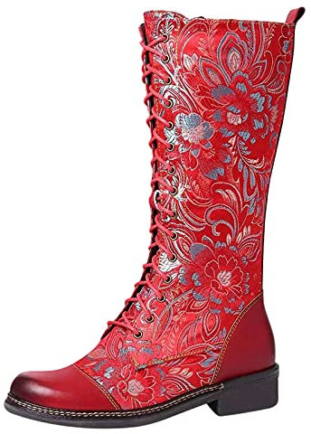 Yowablo Bottes Femmes Brodées Vintage Bottes Moto Bottes Style Ethnique Femmes Bottes Longues Chaussures (42,Rouge)