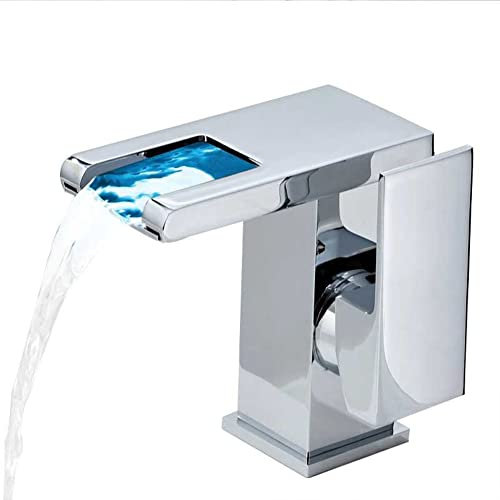 Fw Rubinetto Bagno Cascata LED, Elegant Miscelatore Monocomando Lavabo Bagno Moderno Ottone Rubinetto Bagno Lavabo, Regolazione A Caldo E Freddo Rubinetto Bidet, Valvola in Ceramica, Cromato