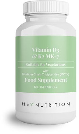 Hey Nutrition Vitamin D3 & K2 MK-7-100ug Each with MCT Oil - Suitable for Vegetarians - Support Healthy Bones, Teeth, Muscles, Immune Function, and Fatigue - Non-GMO, 60 Vegetarian Capsules