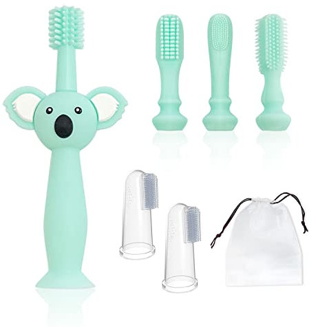 Brosse à dents pour bébé en silicone cyan 1 pièce avec 4 têtes, brosse à dents de nettoyage des dents de massage des gencives, brosse à dents à 2 doigts et 1 sac de rangement