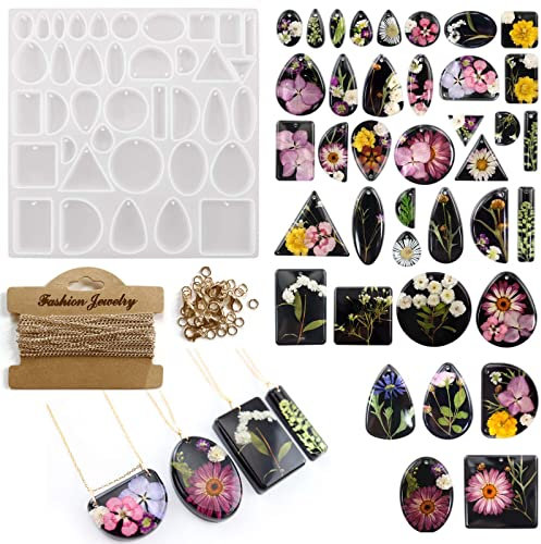 Szecl 38 Hohlräume Schmuckanhänger Harz Formen Kette Set Silikon Anhänger Form mit Loch DIY Cabochon Edelstein rund Tropfenform Halskette Ohrring Schlüsselanhänger Charm Epoxidguss Form