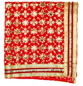 Decorative Cloth Pooja Asaan Mat Backdrop Large Netted Chunari (Size:- 18 x 36) Puja Indian Traditional Festival Laxmi Poojan Diwali Decorations for Statue Chowki Aasan Mat Posters Frame (Red)