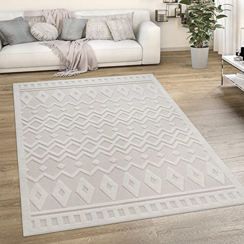 Paco Home Outdoor Teppich wetterfest & langlebig Moderne Boho-Designs mit 3D-Effekt Skandi-Look UV-beständig & robust für Balkon, Garten, Wohnzimmer & Küche, Grösse:80x150 cm, Farbe:Creme 3