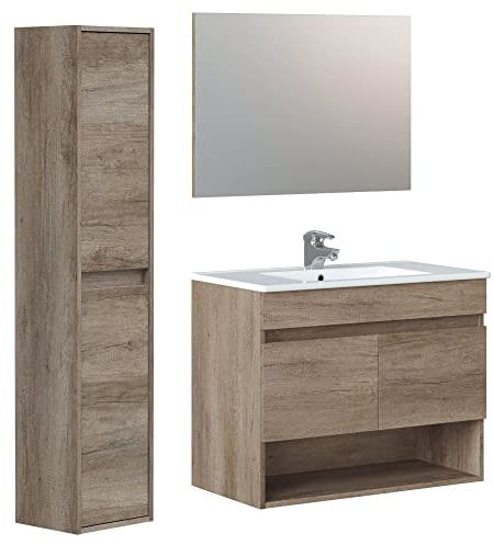 HOMN LIVING Mueble de Baño Clara Suspendido con 2 Puertas, Espejo, Columna 2 Puertas y Lavabo PMMA, Modulo Colgante, Acabado en Nordik, 80 cm (Ancho) x 45 cm (Fondo) x 64 cm (Alto)