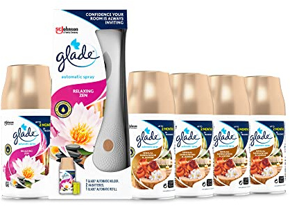 Glade Automatic Air Freshener Holder & Refill Bundle, Long-lasting Fragrance Infused with Essential Oils (1 x Holder, 1 x Relaxing Zen Refill, 4 x Sandalwood & Jasmine Refills)