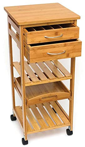 Relax World Küchenwagen aus Bambusholz mit Regal Top solide Nützliches Schneidebrett für Kaffeemaschine, Beistelltisch aus Bambus mit 4 Drehrädern, ausziehbares Tablett, 3 Ablagen