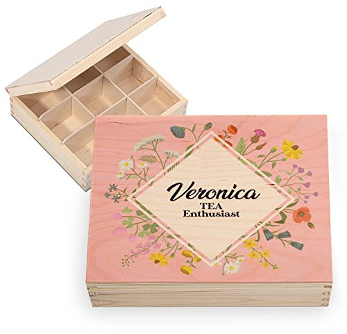 Ferocity Regalo Personalizado Caja de Té de Madera con Nombre TU TEXTO 20.5 x 23.5 cm Caja de Almacenamiento para Bolsitas de Té de Madera con 6 Compartimentos Organizador UV Enjoy [160]