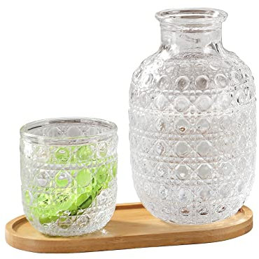 IUIBMI Vintage Bedside Water Carafe and Glass Set for Bedroom Nightstand, Small Glass Water Carafe with Cup and Bamboo Tray, Thicked Glass Mouthwash Decanter, Night Carafe Pitcher with Tumbler