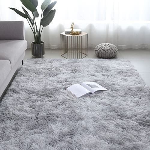 Flauschiger Hochflor Teppich 120x160cm - Anti-Rutsch, Soft Touch Flächenteppich, Spielmatte, Modern Batik Plüsch für Wohnzimmer, Kinderzimmer, Schlafzimmer - Grau