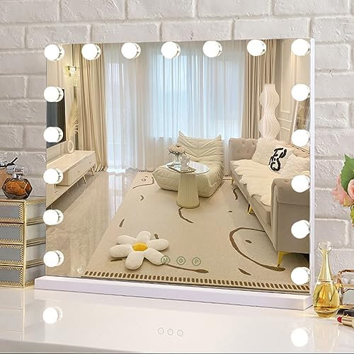 Puselo Hollywood Schminkspiegel mit Beleuchtung 17 LED Licht, 70×55 cm Dimmbar Tischspiegel mit 3 Farbtemperaturen, Touch Control, Wandspiegel mit USB Anschluss für Schminktisch Schlafzimmer