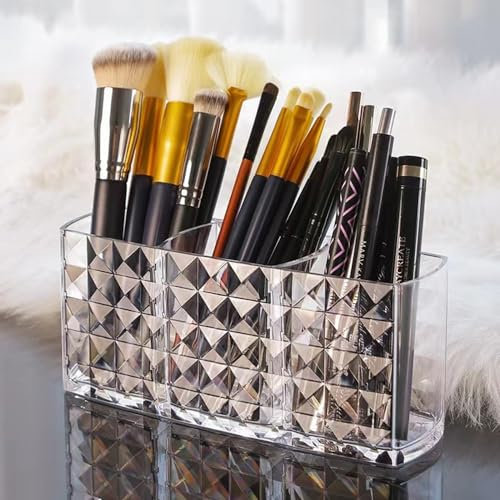 TAIHE Schminktisch Organizer, 3 Fächern Transparent Kosmetik Organizer, Acryl Kristall Makeup Organizer Kosmetikpinsel Behälter Lippenstift Stifthalter Aufbewahrung Pinselbecher für Eyeliner Büro