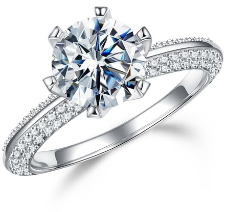 MOOSEA 2ct Moissanite Rings for Women, D Color VVS1 Clarity Lab Created Diamond Rings 18K White Gold Vermeil 6 Prong Round Solitaire Knife Edge Moissanite Engagement Rings for Women Size 4-11