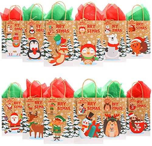 VEYLIN 12 Pack Christmas Kraft Gift Bag With Handle and Tag Tissue Paper for Xmas Present Wrapping Decoration (9.1 x 3.5 x 5.9 Inches)